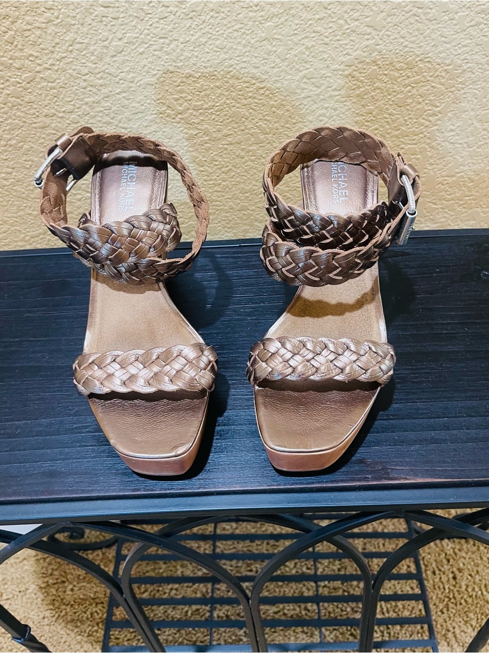 Michael Kors Braided Leather Block Heel Sandals in Brown